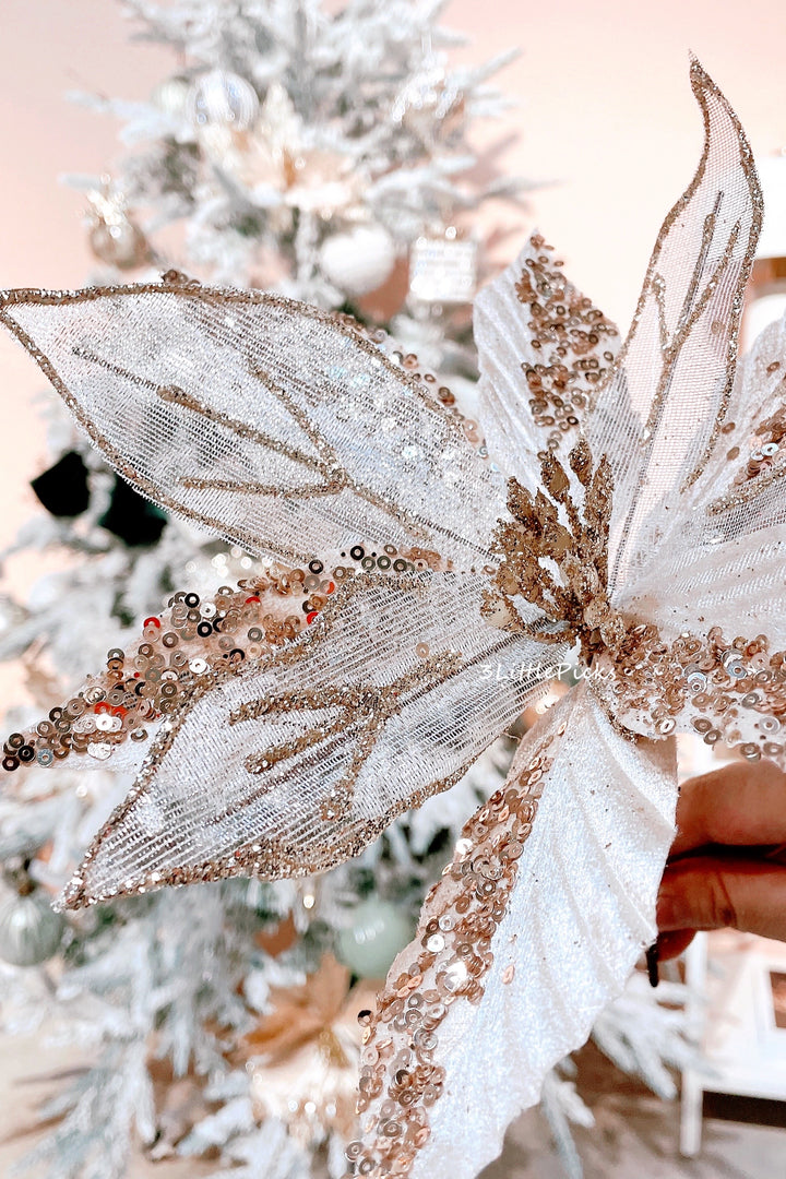 Dual Texture Champagne Gold Beaded Artificial Poinsettia