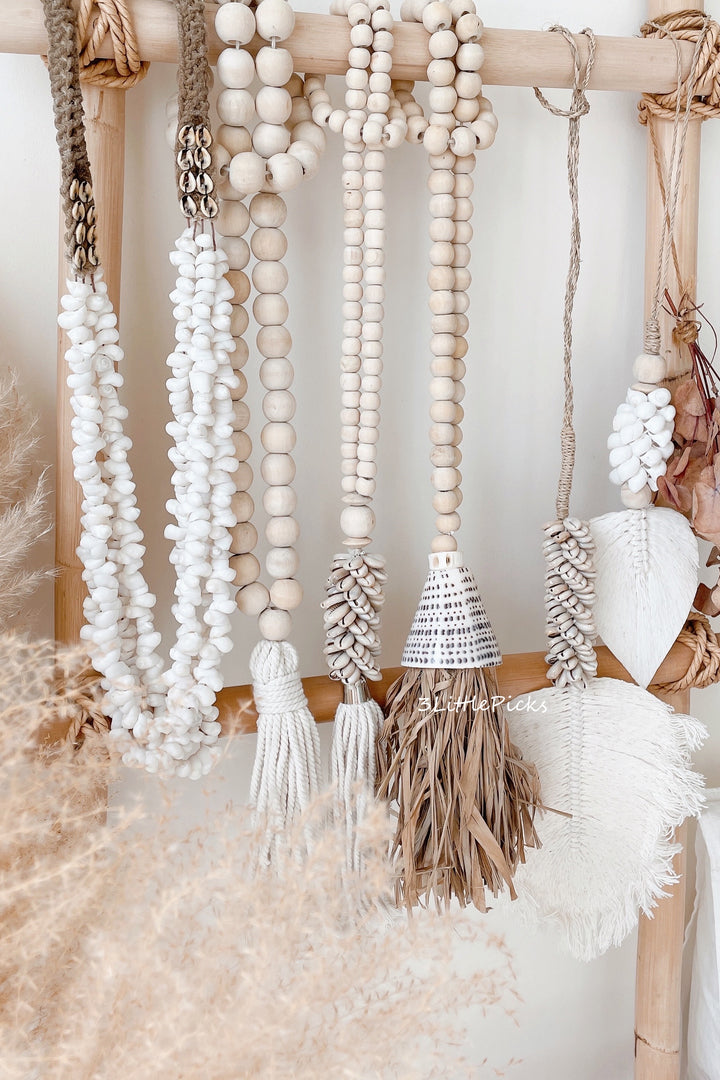 Wooden Beads Hanging with Conus Shell and Seagrass Tassel