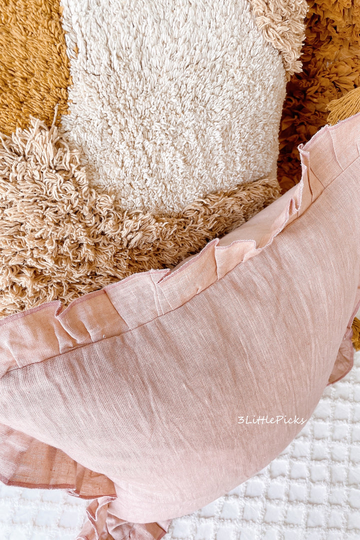 Dusty Peach Pink Linen Ruffled Square Cushion Cover