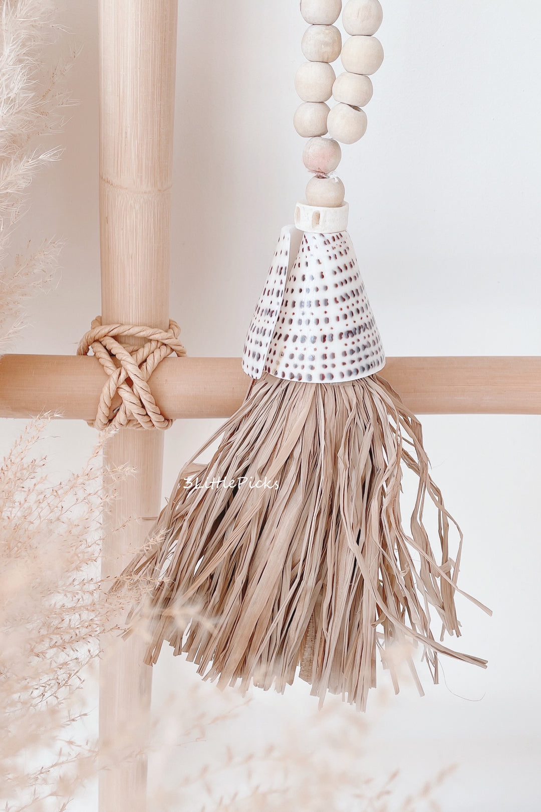 Wooden Beads Hanging with Conus Shell and Seagrass Tassel