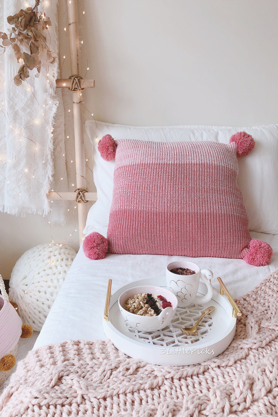 Shades Of Pink Knitted Pom Pom Cushion, Cushion, 3littlepicks - 3LittlePicks