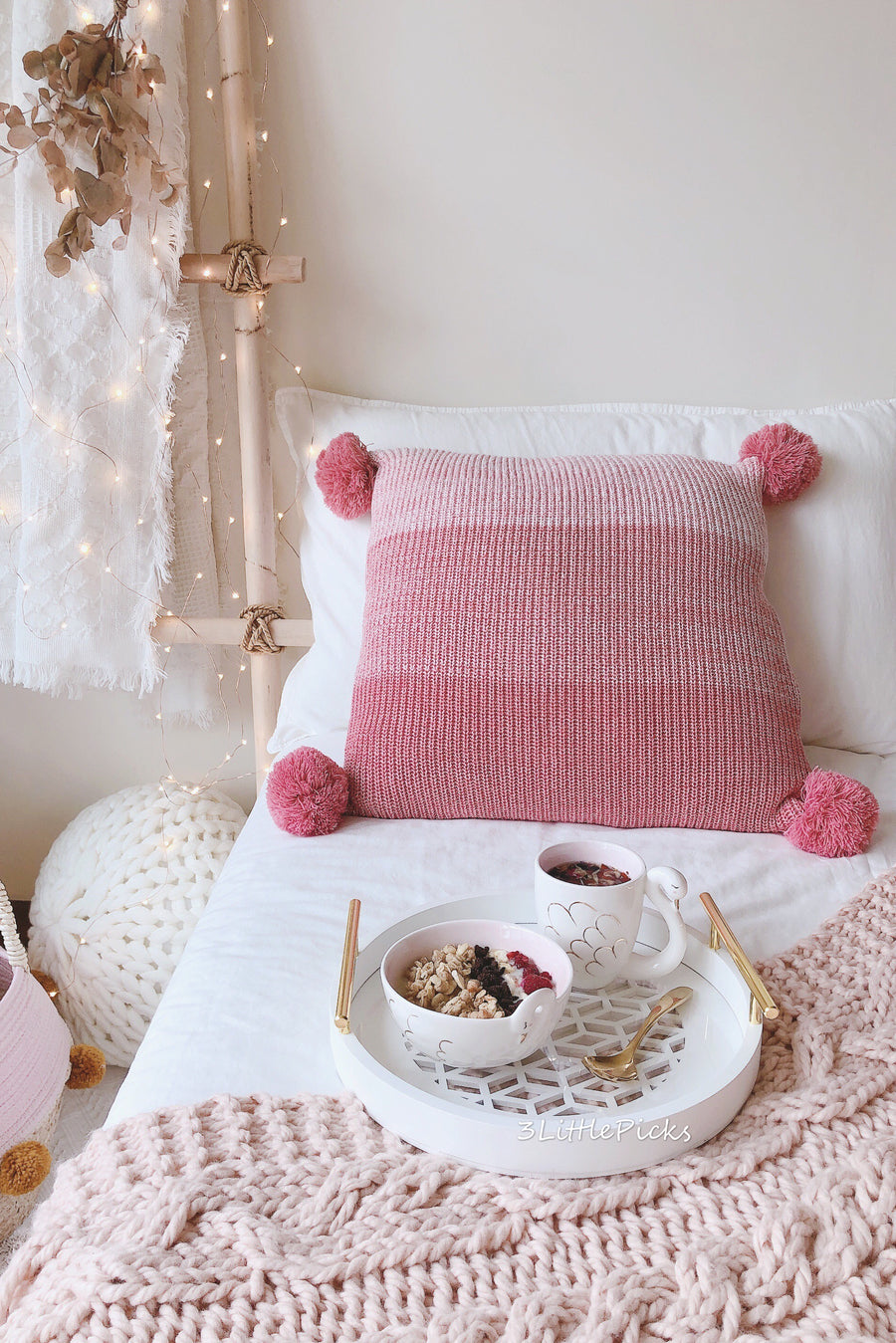 Shades Of Pink Knitted Pom Pom Cushion, Cushion, 3littlepicks - 3LittlePicks