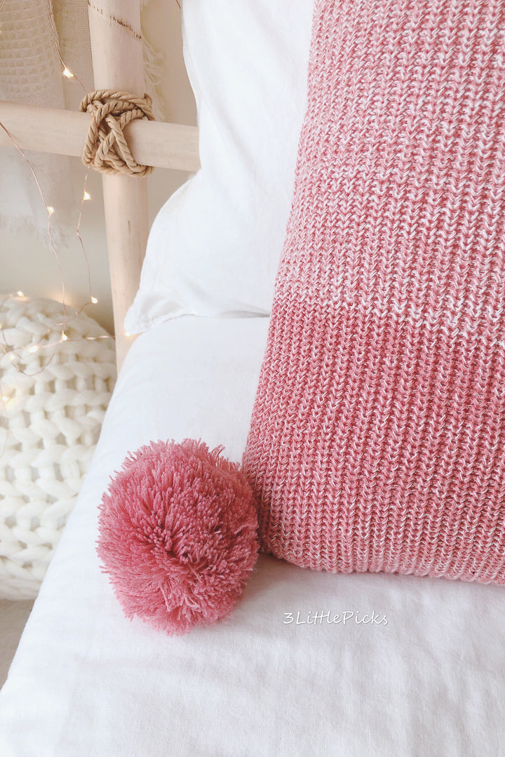 Shades Of Pink Knitted Pom Pom Cushion, Cushion, 3littlepicks - 3LittlePicks