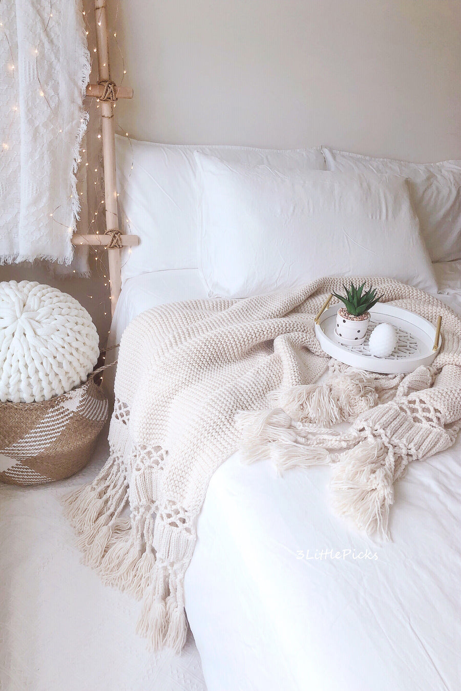 Cream Tassel Knitted Throw, Textile, 3LittlePicks - 3LittlePicks