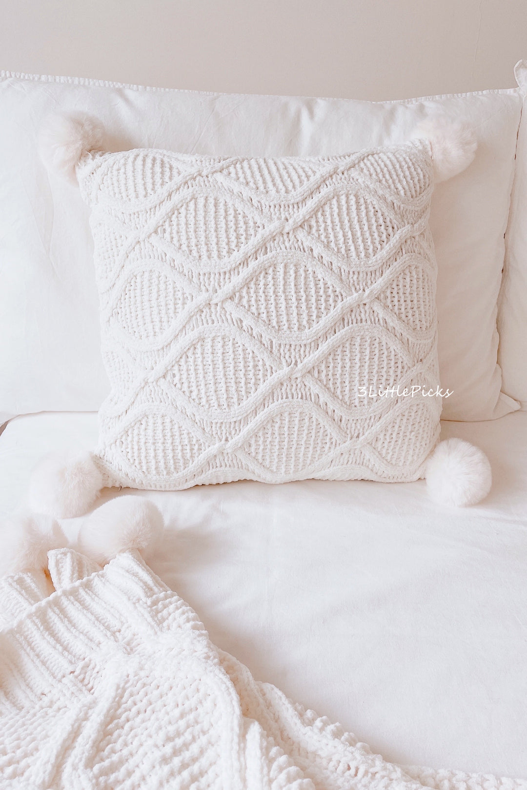 Cream White Faux Fur Pom Knitted Cushion Cover