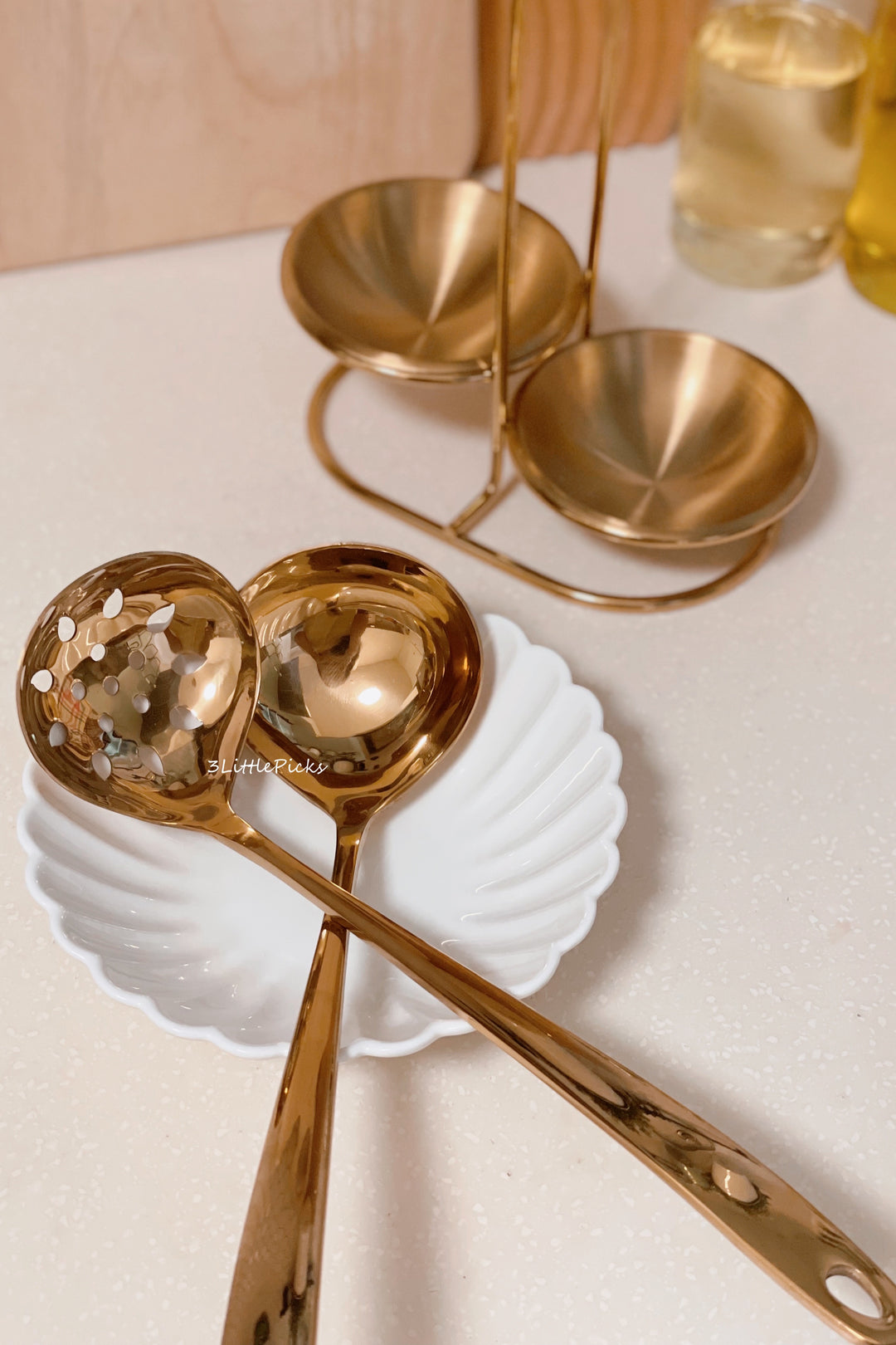 Golden Ladle and Strainer on Stand