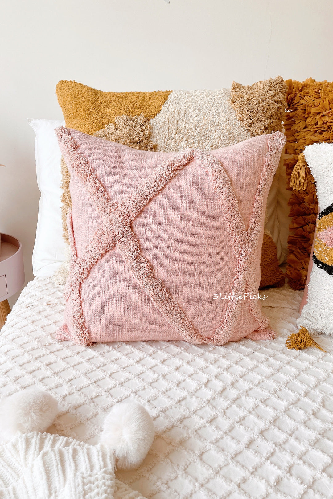 Dusty Pink Cotton Slub Tufted Square Cushion Cover Irregular Lines