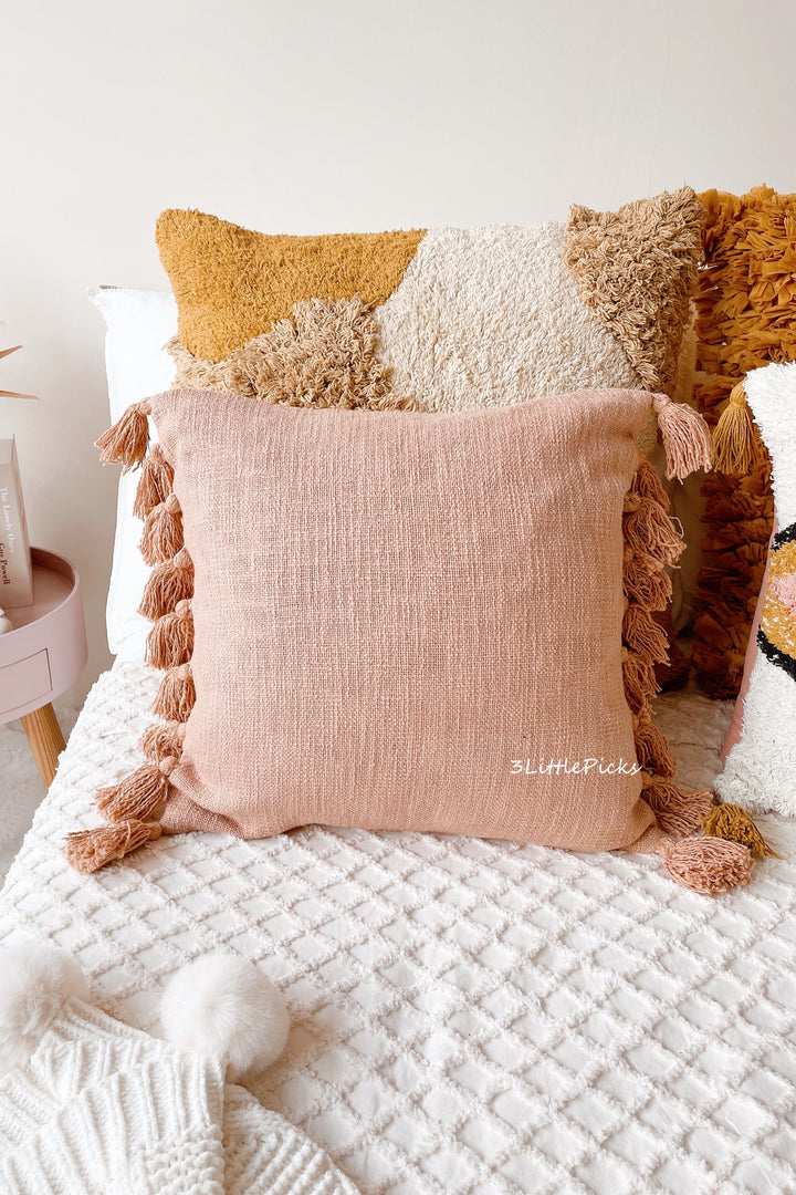 Dusty Peach Pink Cotton Slub Square Cushion Cover with Tassels