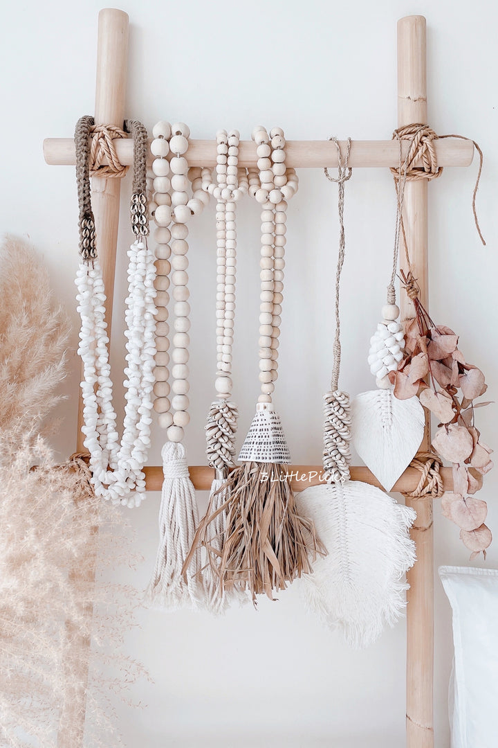 Wooden Beads Hanging with Conus Shell and Seagrass Tassel