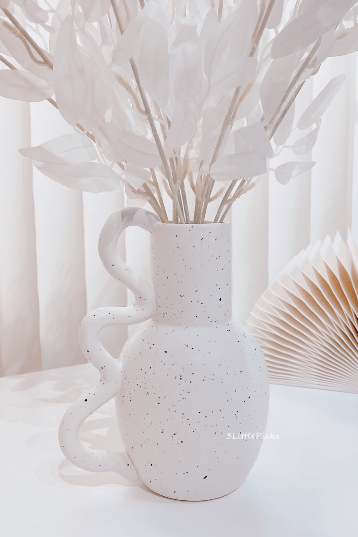 Wavy Handle Speckled White Vase