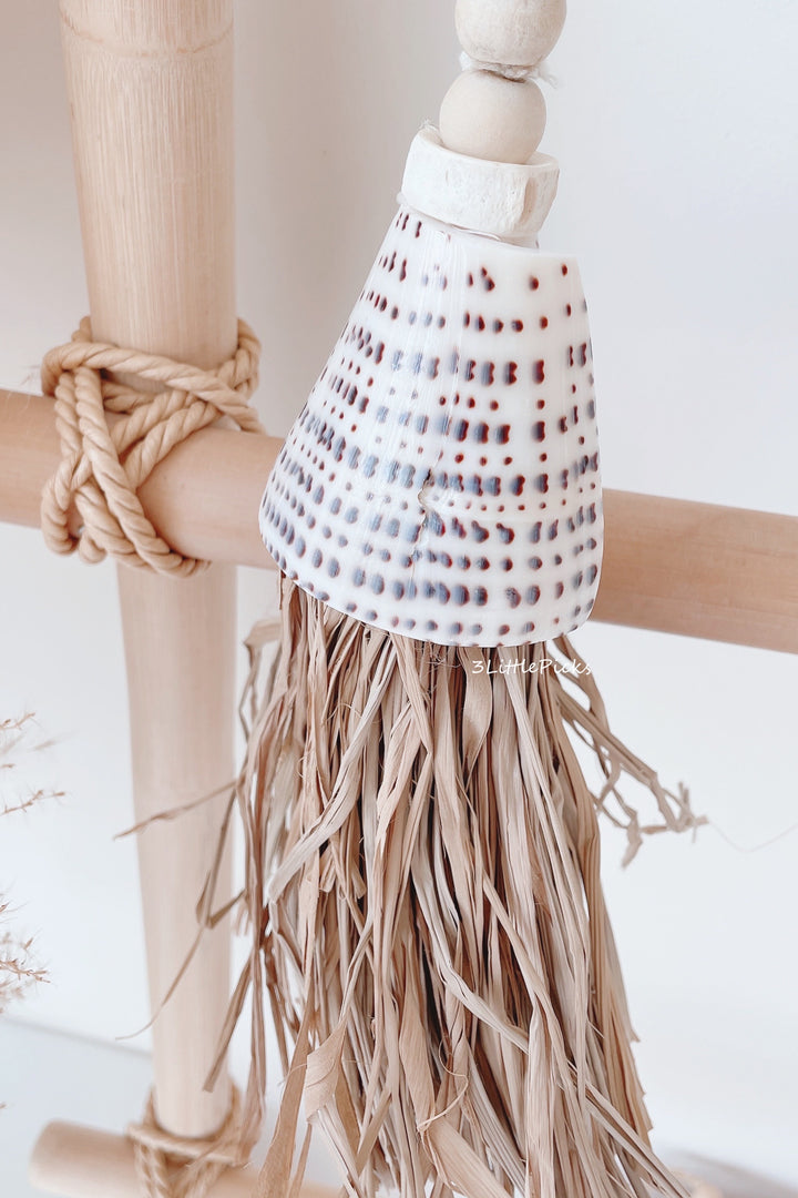 Wooden Beads Hanging with Conus Shell and Seagrass Tassel