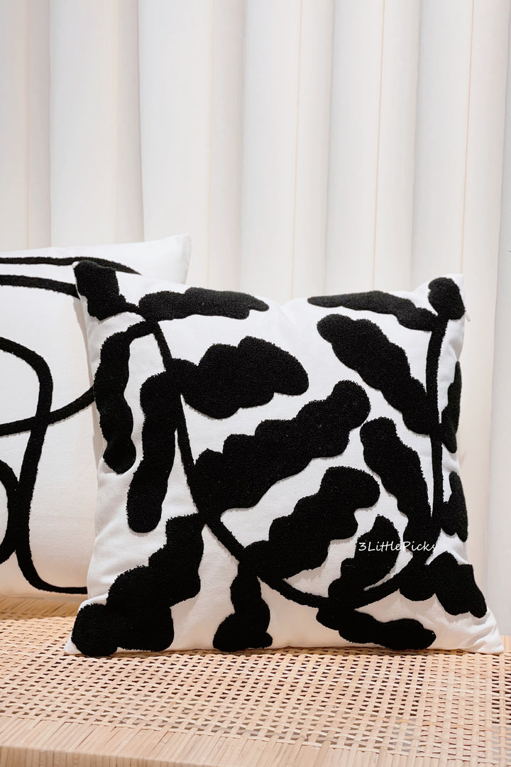 Black Embroidered Leaves Cushion Cover