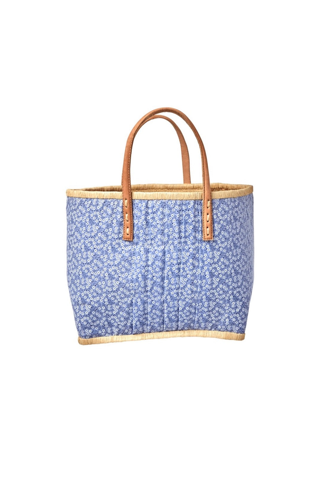 Blue Floral Fabric Cover Medium Raffia Bag With Leather Handle