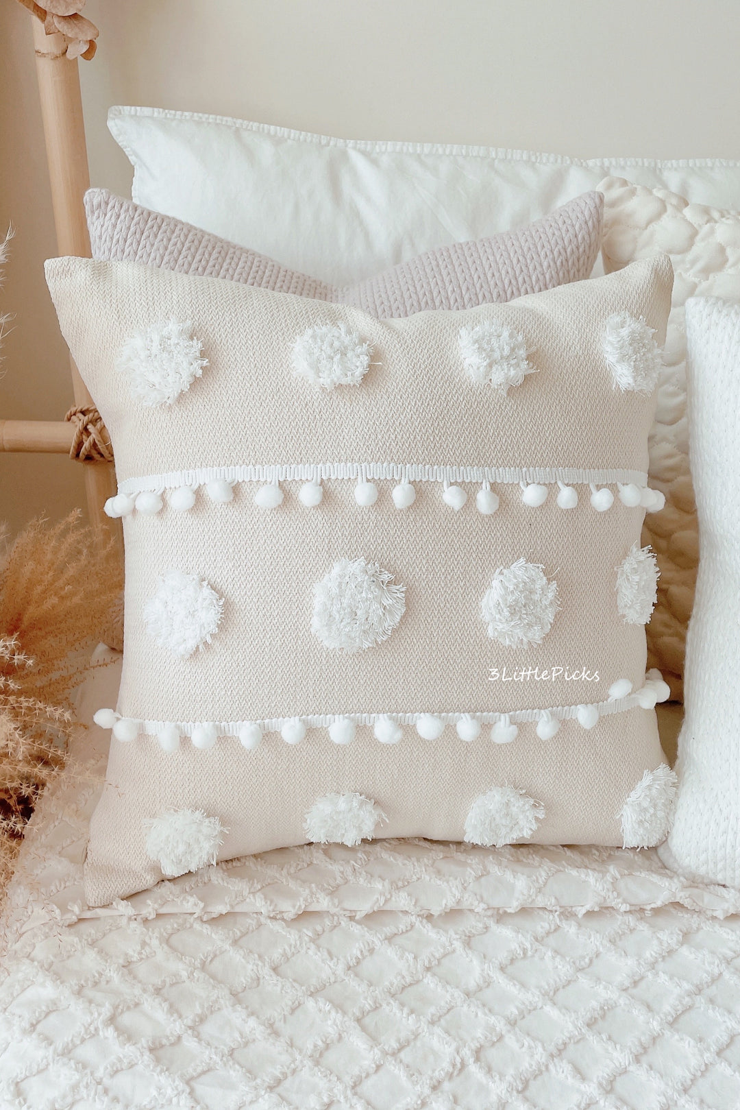 Tufted Poms Cream Cushion Cover