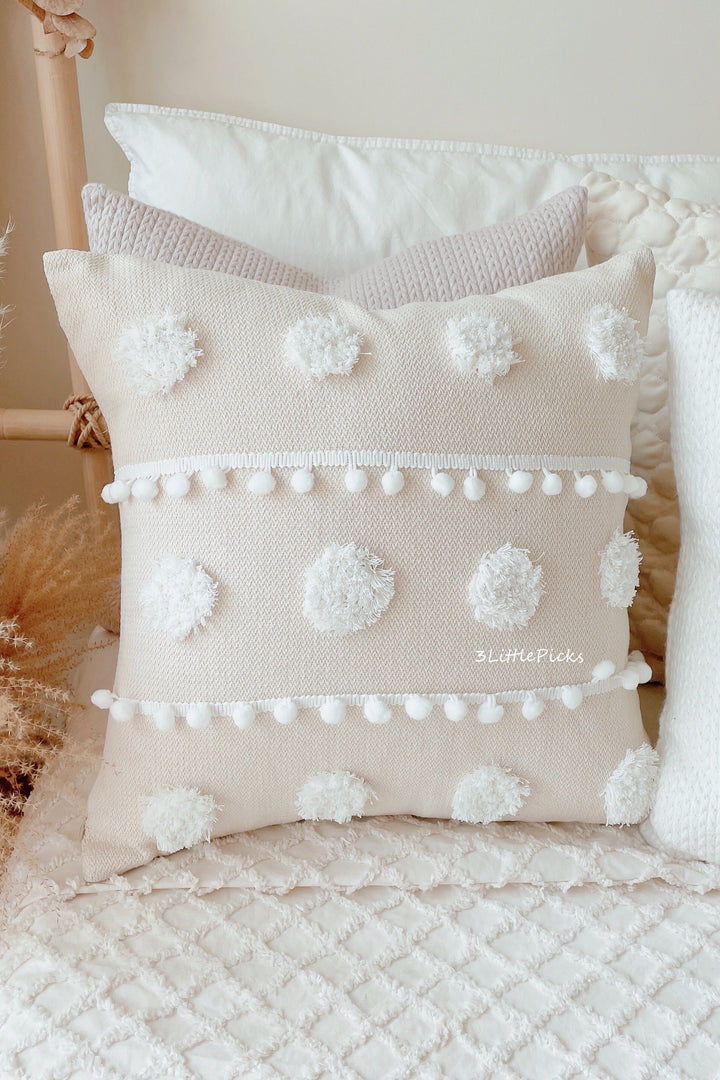 Tufted Poms Cream Cushion Cover
