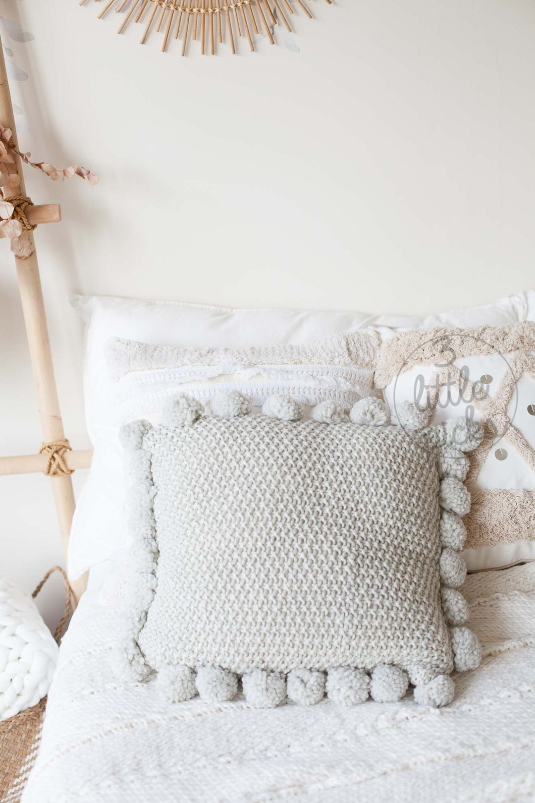 COMING BACK: Light Grey Knitted Pom Pom Cushion, Cushion, 3littlepicks - 3LittlePicks